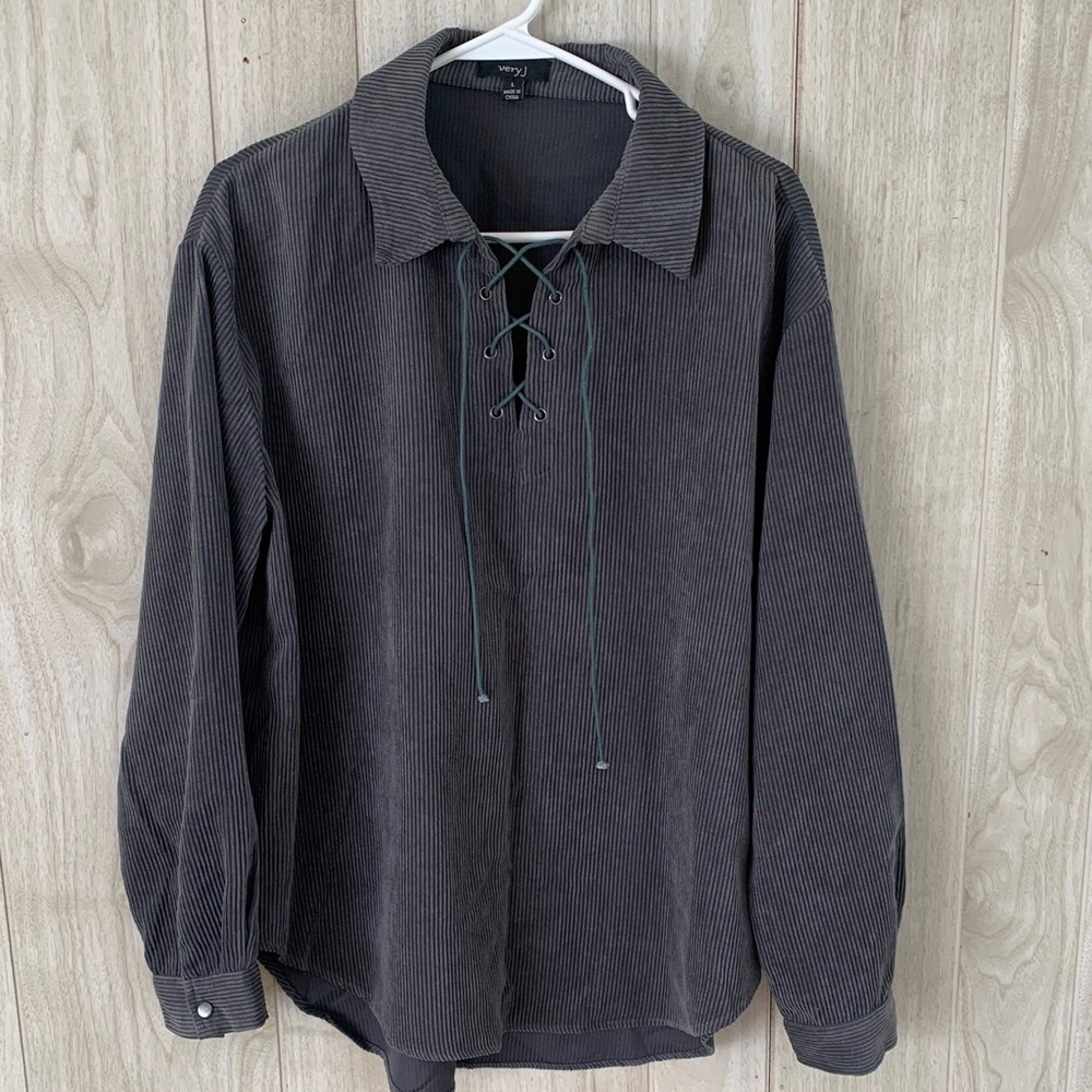 Charcoal Gray Corduroy Shirt Lace-Up V-Neck Detail Long Sleeve Shirt Size L